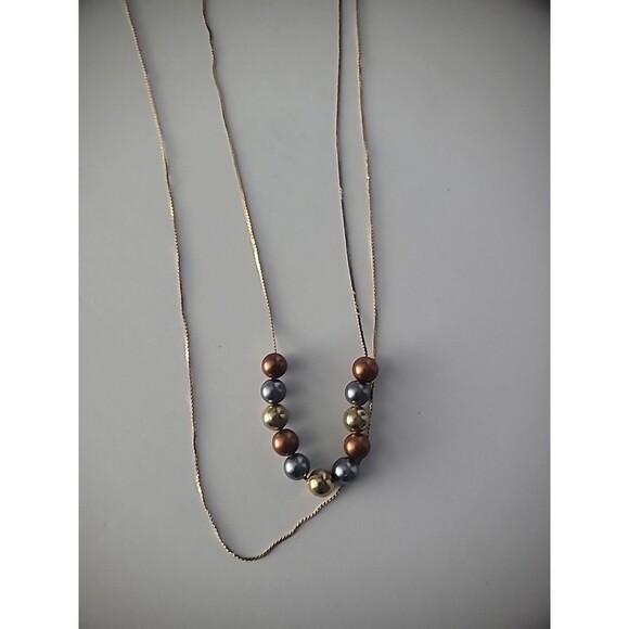 Vintage Gold Tone Multi Strand Chain Necklace Beaded Jewelry Costume - Picture 9 of 10